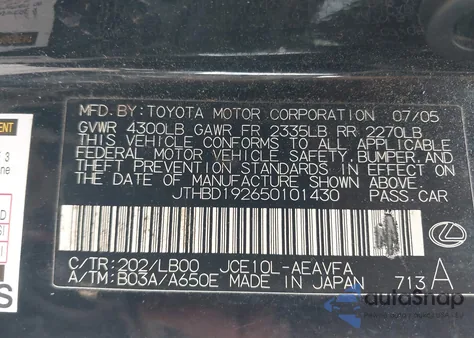 2005 Lexus Is 300 из США, поврежденный, VIN JTHBD192650101430